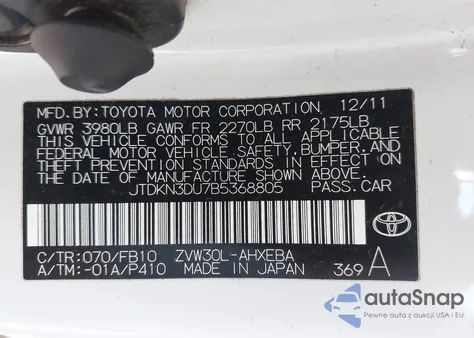 2011 Toyota Prius Two from USA, damaged, VIN JTDKN3DU7B5368805